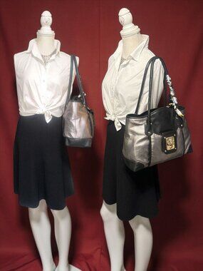 B Makowsky Nolita Turnlock Satchel Silver Black Colorblock Leather Shoulder Bag